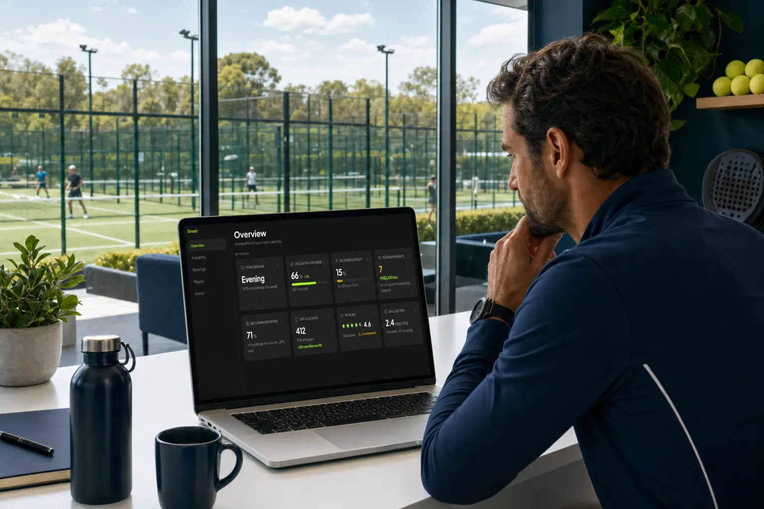 Club owner reviewing the Smash dashboard beside the courts
